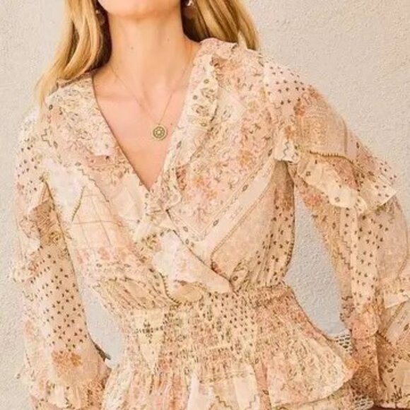 Floral Ruffle Blouse - Cream and Orange - Picture 1 of 4